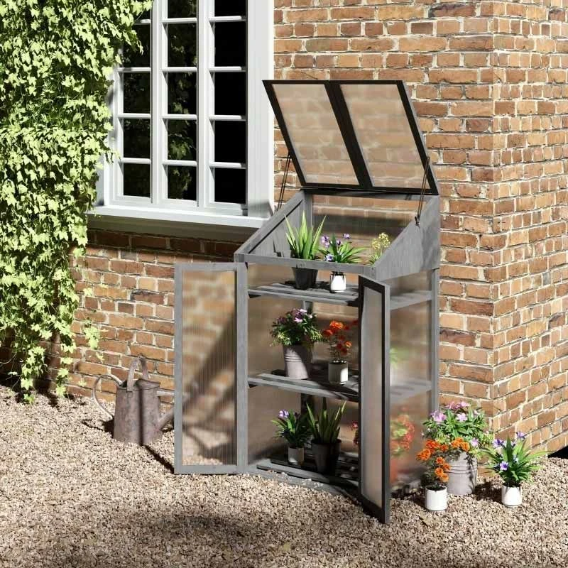 Outsunny Wooden Greenhouse Cold Frame With Openable Lid & Double Door 70L X 50W X 120Hcm - Grey - 845-672GY 1 Outsunny Wooden Greenhouse Cold Frame With Openable Lid & Double Door 70L X 50W X 120Hcm - Grey - 845-672GY