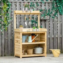 Outsunny Garden Potting Bench With Galvanized Metal Tabletop & Storage Shelves - Brown - 845-688