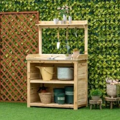 Outsunny Garden Potting Bench With Galvanized Metal Tabletop & Storage Shelves - Brown - 845-688 -OUTSUNNY Sales Shop o u outsunny 845 688 outdoor