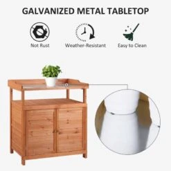 Outsunny Multi-function Potting Table With Storage Cabinet And Galvanized Table Top - Brown - 845-716 -OUTSUNNY Sales Shop o u outsunny 845 716 tabletop