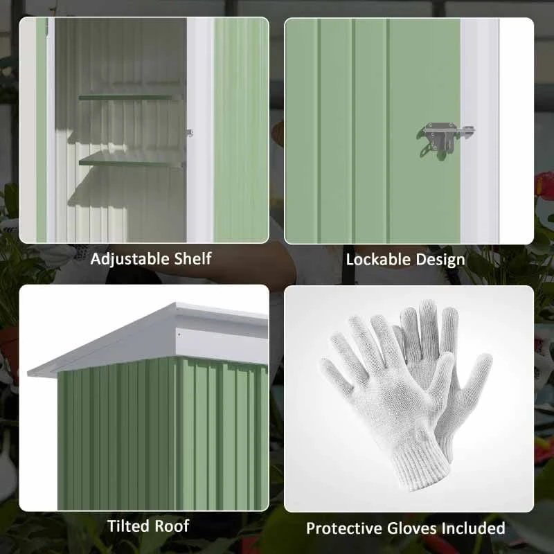 Outsunny Lean-to Metal Garden Shed With 2-Tier Adjustable Shelf - Green And White - 845-840V00YG 7 Outsunny Lean-to Metal Garden Shed With 2-Tier Adjustable Shelf - Green And White - 845-840V00YG - Image 7