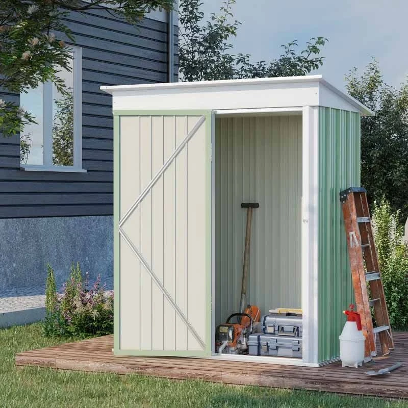 Outsunny Lean-to Metal Garden Shed With 2-Tier Adjustable Shelf - Green And White - 845-840V00YG 1 Outsunny Lean-to Metal Garden Shed With 2-Tier Adjustable Shelf - Green And White - 845-840V00YG