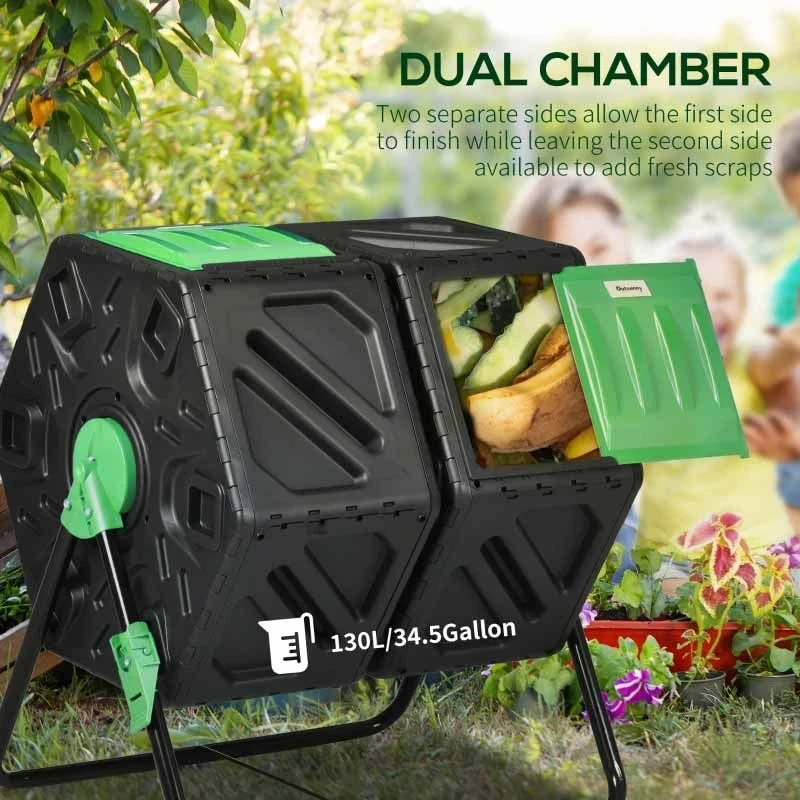 Outsunny 130 Litre Dual Rotating Garden Compost Bin - Green & Black - 845-916V01BK 4 Outsunny 130 Litre Dual Rotating Garden Compost Bin - Green & Black - 845-916V01BK - Image 4