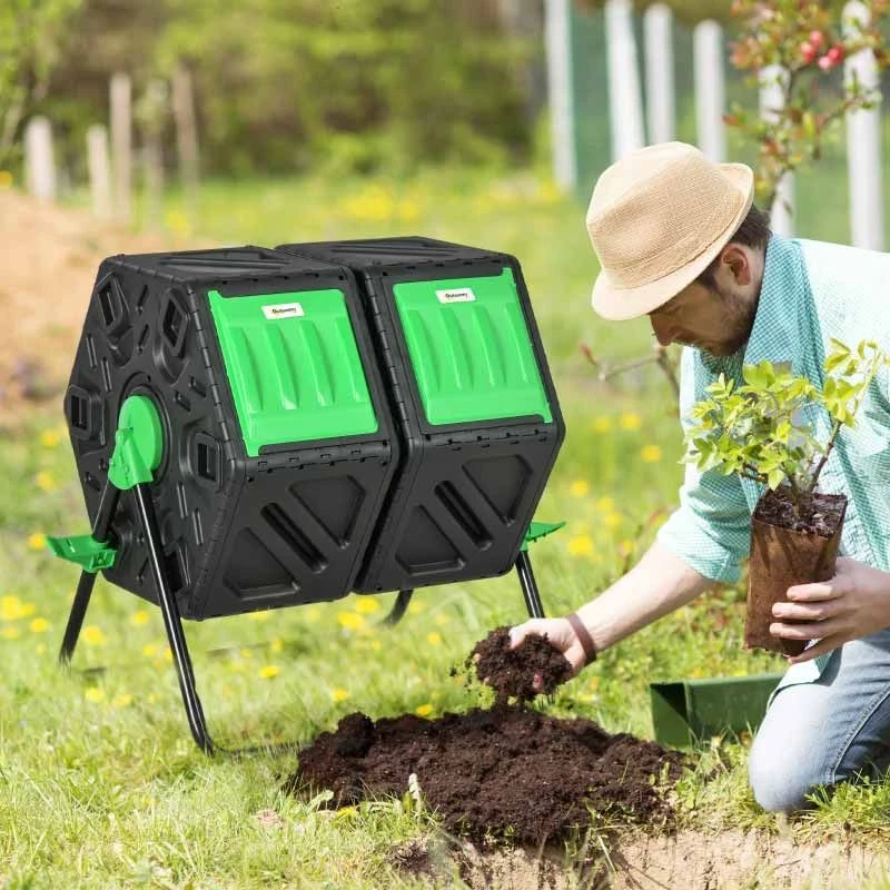 Outsunny 130 Litre Dual Rotating Garden Compost Bin - Green & Black - 845-916V01BK 1 Outsunny 130 Litre Dual Rotating Garden Compost Bin - Green & Black - 845-916V01BK