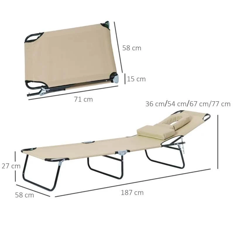 Outsunny Reclining Sun Lounger With Pillow - Beige - 84B-002BG 3 Outsunny Reclining Sun Lounger With Pillow - Beige - 84B-002BG - Image 3