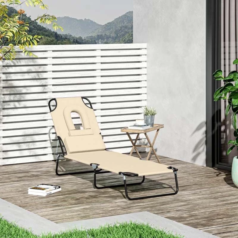Outsunny Reclining Sun Lounger With Pillow - Beige - 84B-002BG 1 Outsunny Reclining Sun Lounger With Pillow - Beige - 84B-002BG