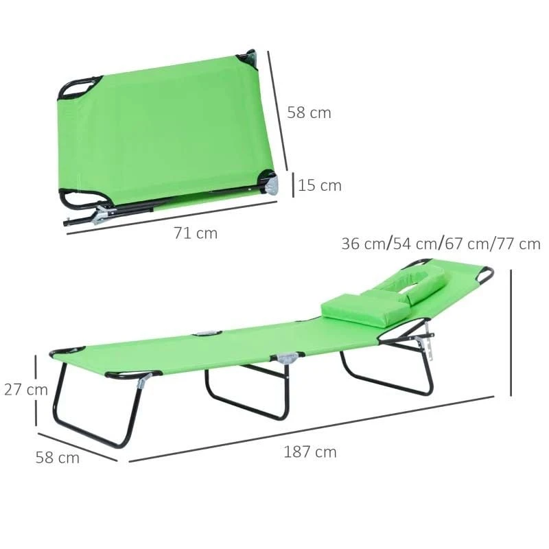 Outsunny Reclining Sun Lounger With Pillow - Green - 84B-002GN 3 Outsunny Reclining Sun Lounger With Pillow - Green - 84B-002GN - Image 3