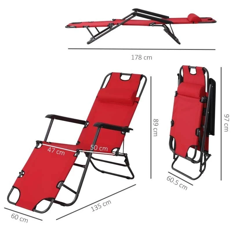 Outsunny Reclining Sun Lounger With Pillow - Red- 84B-043RD 3 Outsunny Reclining Sun Lounger With Pillow - Red- 84B-043RD - Image 3