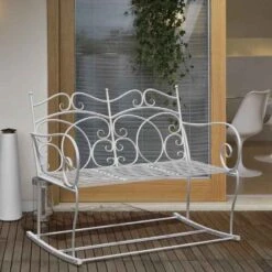 Outsunny Iron Rocking Garden Bench - White - 84B-078