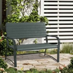 Outsunny 2 Seater Slatted Metal Frame Garden Bench - Black - 84B-128