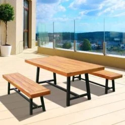 Outsunny 3 Piece Dining Table & Bench Set - Acacia Natural Wood - 84B-172 -OUTSUNNY Sales Shop o u outsunny 84b 172 balcony