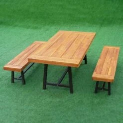 Outsunny 3 Piece Dining Table & Bench Set - Acacia Natural Wood - 84B-172 -OUTSUNNY Sales Shop o u outsunny 84b 172 outdoor