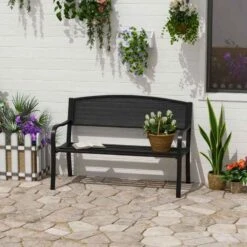 Outsunny 2 Seater Steel Garden Bench - Black - 84B-182BK