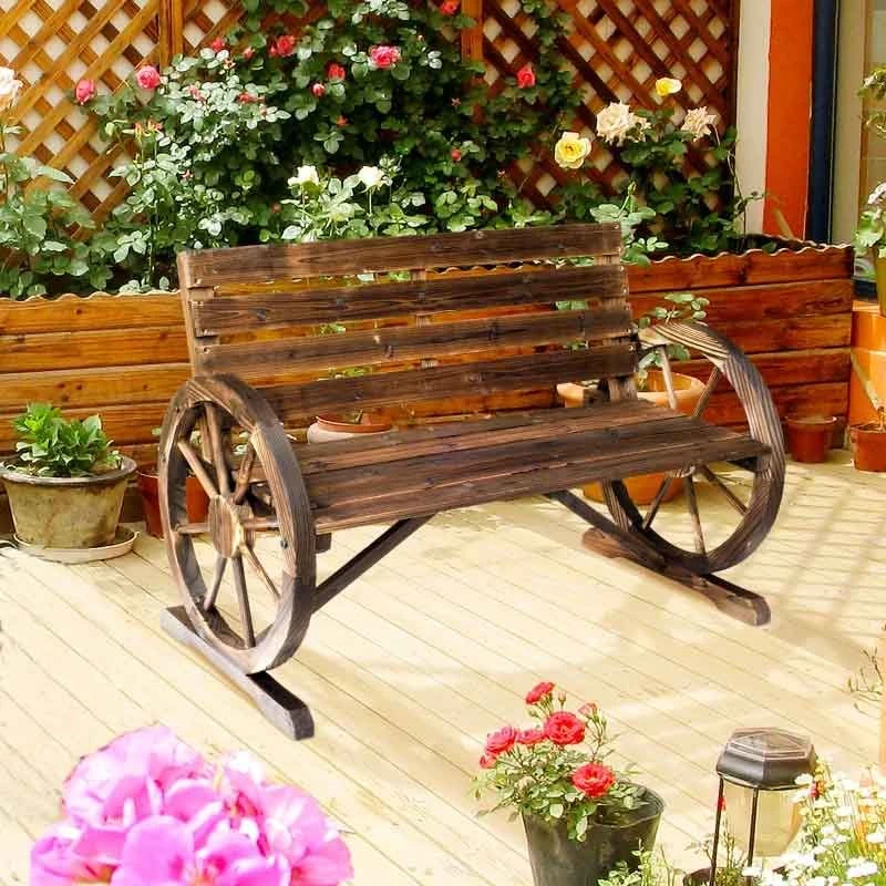 Outsunny Wooden Wagon Wheel 2-seater Garden Bench - Brown - 84B-183 1 Outsunny Wooden Wagon Wheel 2-seater Garden Bench - Brown - 84B-183