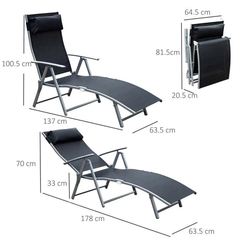 Outsunny Reclining Sun Lounger With Pillow - Black - 84B-184BK 3 Outsunny Reclining Sun Lounger With Pillow - Black - 84B-184BK - Image 3