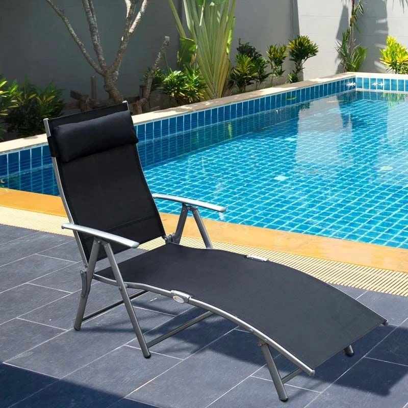 Outsunny Reclining Sun Lounger With Pillow - Black - 84B-184BK 1 Outsunny Reclining Sun Lounger With Pillow - Black - 84B-184BK