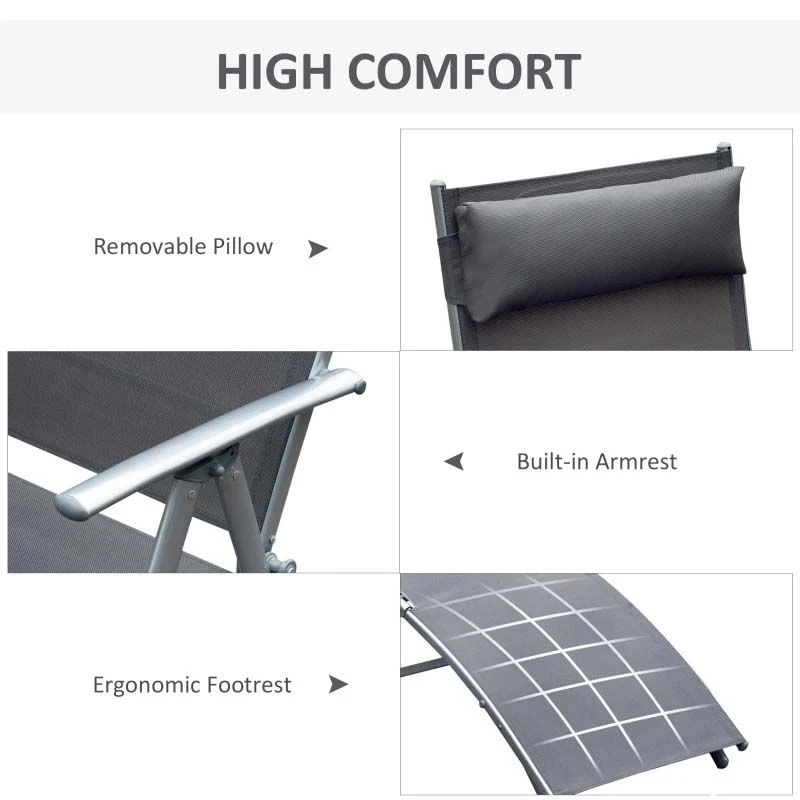Outsunny Reclining Sun Lounger With Pillow - Grey - 84B-184GY 5 Outsunny Reclining Sun Lounger With Pillow - Grey - 84B-184GY - Image 5