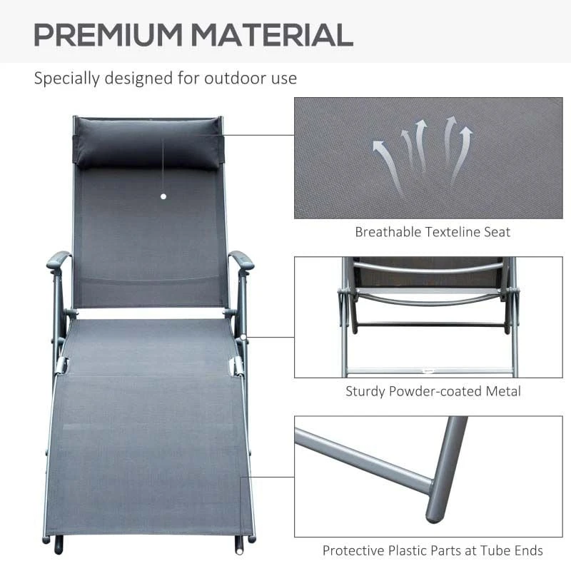 Outsunny Reclining Sun Lounger With Pillow - Grey - 84B-184GY 7 Outsunny Reclining Sun Lounger With Pillow - Grey - 84B-184GY - Image 7