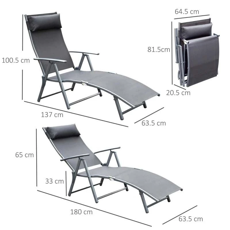 Outsunny Reclining Sun Lounger With Pillow - Grey - 84B-184GY 3 Outsunny Reclining Sun Lounger With Pillow - Grey - 84B-184GY - Image 3