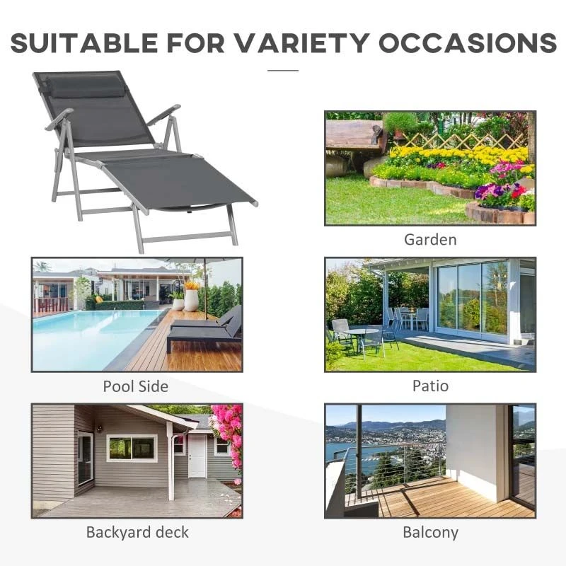 Outsunny Reclining Sun Lounger With Pillow - Grey - 84B-184V02CG 7 Outsunny Reclining Sun Lounger With Pillow - Grey - 84B-184V02CG - Image 7