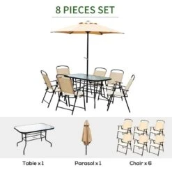Outsunny 8 Piece Dining Set With 6 Folding Chairs & Umbrella - Beige - 84B-191 13 Outsunny 8 Piece Dining Set With 6 Folding Chairs & Umbrella - Beige - 84B-191 -OUTSUNNY Sales Shop o u outsunny 84b 191 description