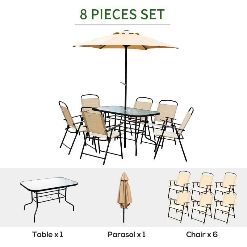Outsunny 8 Piece Dining Set With 6 Folding Chairs & Umbrella - Beige - 84B-191 4 Outsunny 8 Piece Dining Set With 6 Folding Chairs & Umbrella - Beige - 84B-191 - Image 4