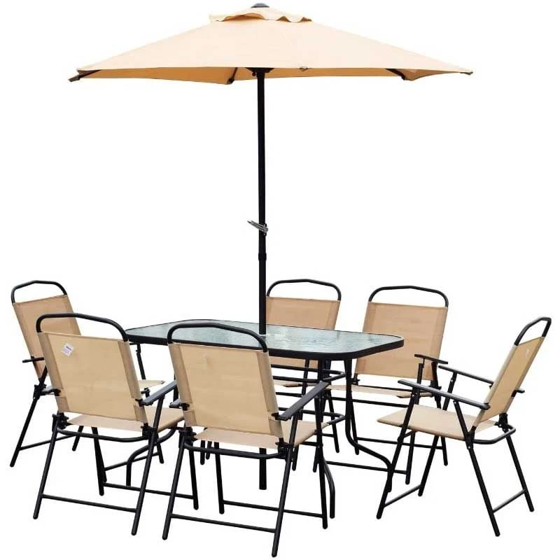 Outsunny 8 Piece Dining Set With 6 Folding Chairs & Umbrella - Beige - 84B-191 2 Outsunny 8 Piece Dining Set With 6 Folding Chairs & Umbrella - Beige - 84B-191 - Image 2