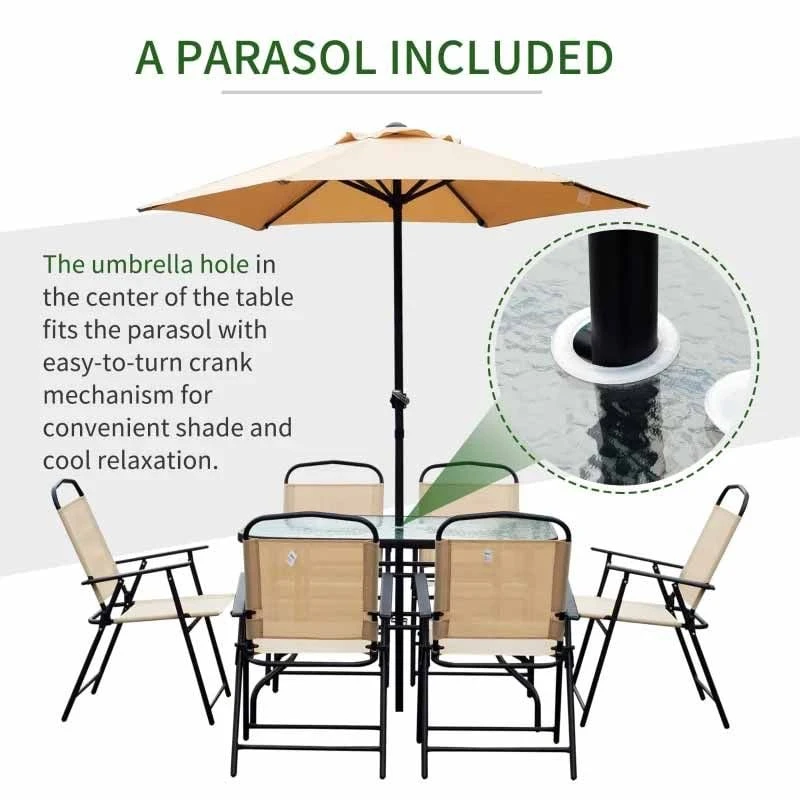 Outsunny 8 Piece Dining Set With 6 Folding Chairs & Umbrella - Beige - 84B-191 7 Outsunny 8 Piece Dining Set With 6 Folding Chairs & Umbrella - Beige - 84B-191 - Image 7