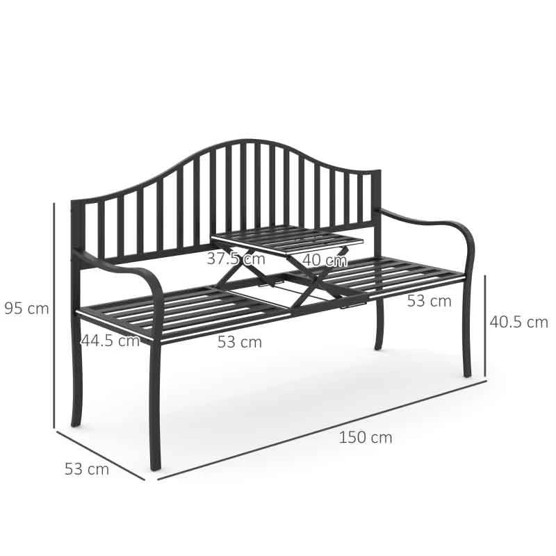 Outsunny 2 Seater Metal Garden Bench With Built In Table 1600x530x950mm - Black - 84B-241 3 Outsunny 2 Seater Metal Garden Bench With Built In Table 1600x530x950mm - Black - 84B-241 - Image 3