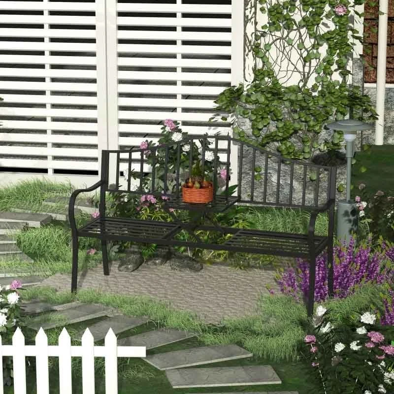 Outsunny 2 Seater Metal Garden Bench With Built In Table 1600x530x950mm - Black - 84B-241 9 Outsunny 2 Seater Metal Garden Bench With Built In Table 1600x530x950mm - Black - 84B-241 - Image 9
