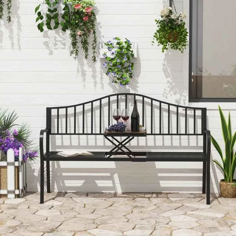 Outsunny 2 Seater Metal Garden Bench With Built In Table 1600x530x950mm - Black - 84B-241 1 Outsunny 2 Seater Metal Garden Bench With Built In Table 1600x530x950mm - Black - 84B-241