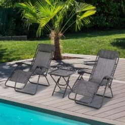 Outsunny 3-Piece Reclining Sun Lounger Set With Table - Grey - 84B-271CG