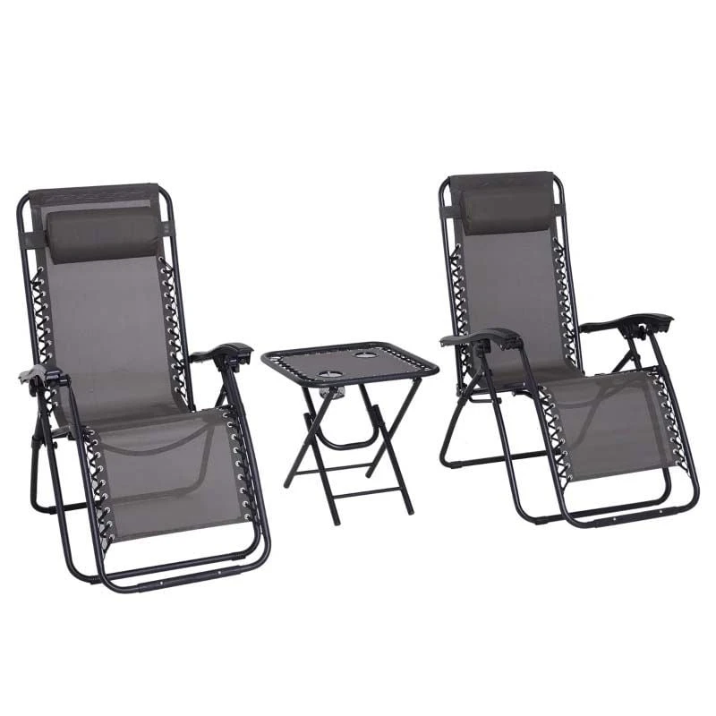 Outsunny 3-Piece Reclining Sun Lounger Set With Table - Grey - 84B-271GY 2 Outsunny 3-Piece Reclining Sun Lounger Set With Table - Grey - 84B-271GY - Image 2