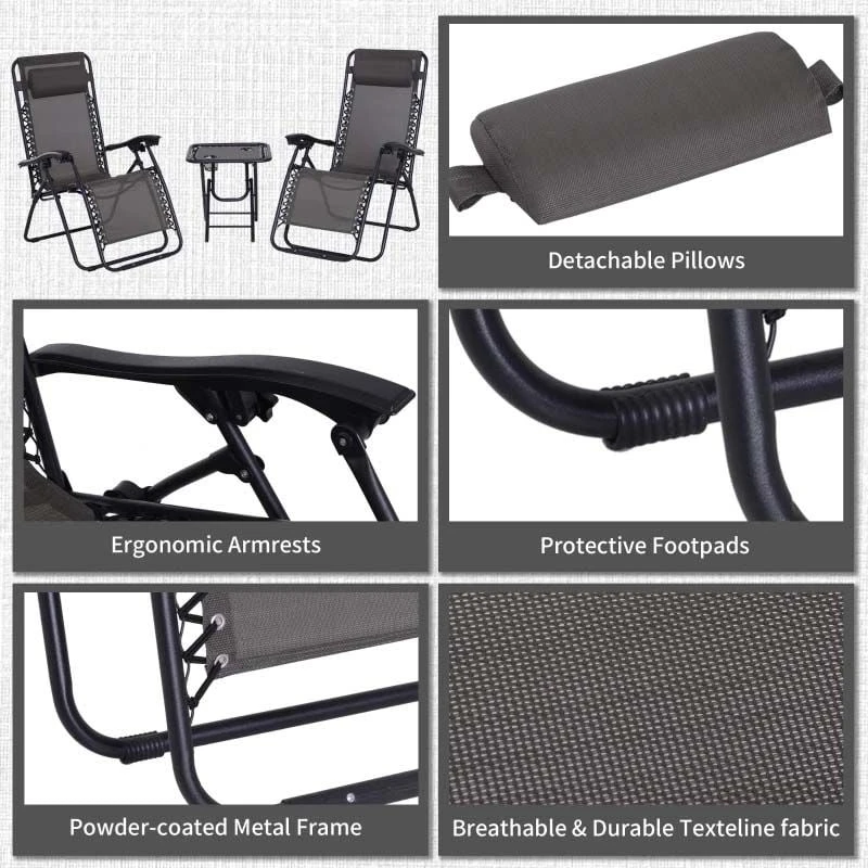 Outsunny 3-Piece Reclining Sun Lounger Set With Table - Grey - 84B-271GY 7 Outsunny 3-Piece Reclining Sun Lounger Set With Table - Grey - 84B-271GY - Image 7