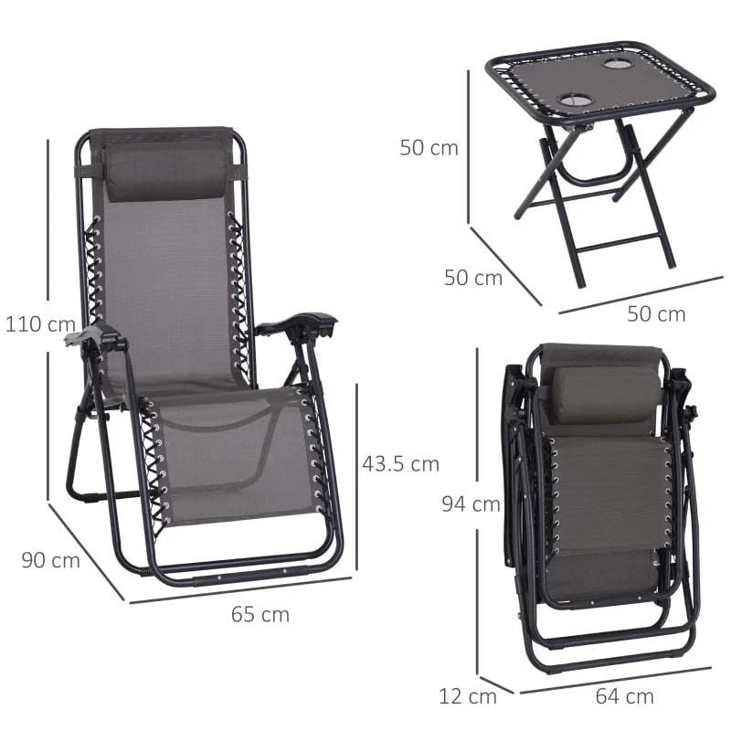 Outsunny 3-Piece Reclining Sun Lounger Set With Table - Grey - 84B-271GY 3 Outsunny 3-Piece Reclining Sun Lounger Set With Table - Grey - 84B-271GY - Image 3