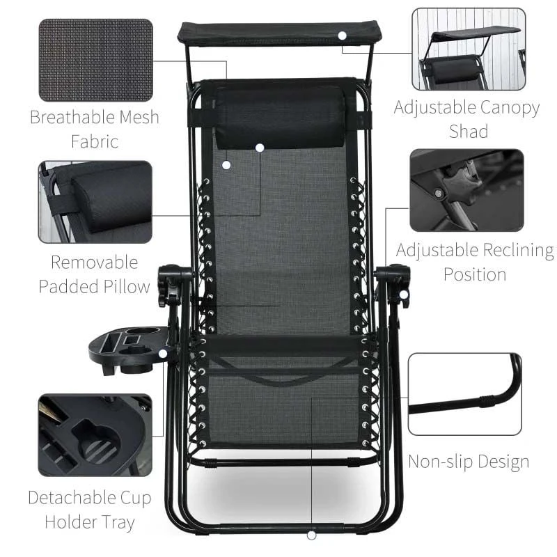 Outsunny Reclining Sun Lounger With Sun Shade - Black - 84B-388BK 5 Outsunny Reclining Sun Lounger With Sun Shade - Black - 84B-388BK - Image 5