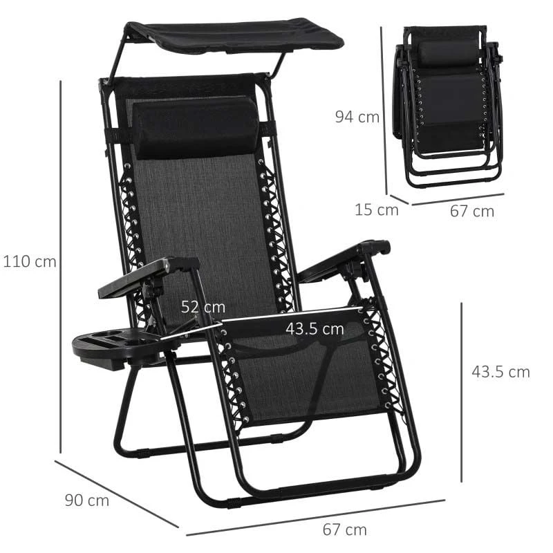 Outsunny Reclining Sun Lounger With Sun Shade - Black - 84B-388BK 3 Outsunny Reclining Sun Lounger With Sun Shade - Black - 84B-388BK - Image 3