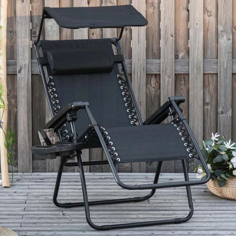 Outsunny Reclining Sun Lounger With Sun Shade - Black - 84B-388BK 8 Outsunny Reclining Sun Lounger With Sun Shade - Black - 84B-388BK - Image 8