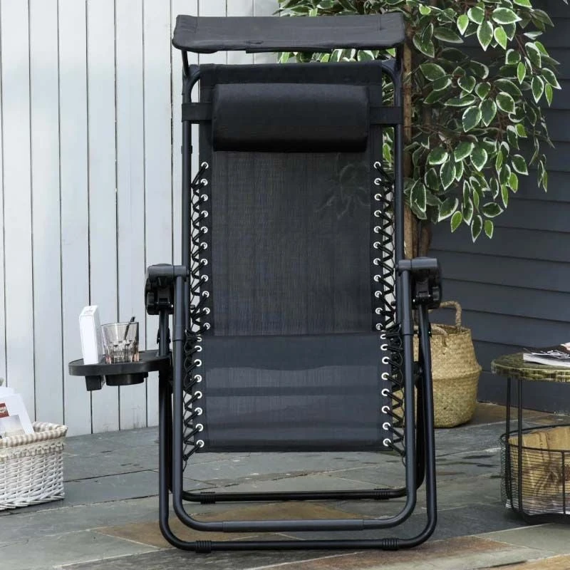 Outsunny Reclining Sun Lounger With Sun Shade - Black - 84B-388BK 1 Outsunny Reclining Sun Lounger With Sun Shade - Black - 84B-388BK