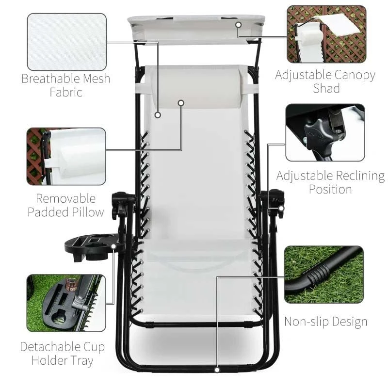 Outsunny Reclining Sun Lounger With Sun Shade - White - 84B-388V70WT 5 Outsunny Reclining Sun Lounger With Sun Shade - White - 84B-388V70WT - Image 5