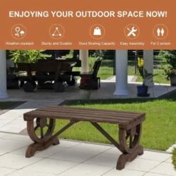 Outsunny Rustic Wooden Garden Bench With Wheel Shaped Legs - Brown - 84B-410 -OUTSUNNY Sales Shop o u outsunny 84b 410 4