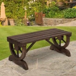 Outsunny Rustic Wooden Garden Bench With Wheel Shaped Legs - Brown - 84B-410 -OUTSUNNY Sales Shop o u outsunny 84b 410 lifestyle