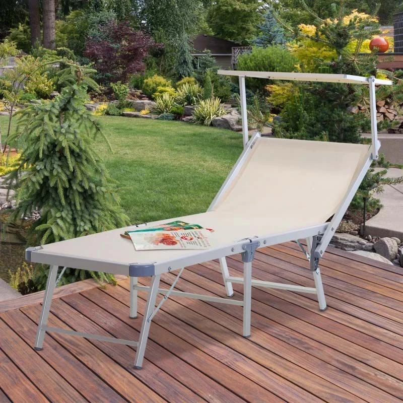 Outsunny Reclining Sun Lounger With Sun Shade - Beige - 84B-433BG 1 Outsunny Reclining Sun Lounger With Sun Shade - Beige - 84B-433BG