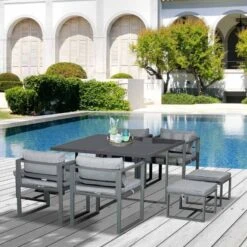 Outsunny 9 Piece Patio Dining Sets With Ottoman Table - Dark Grey - 84B-479V70 -OUTSUNNY Sales Shop o u outsunny 84b 479v70 outdoor
