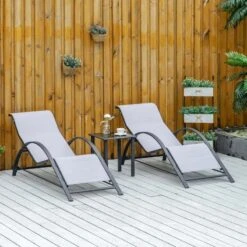 Outsunny 3 Piece Sun Lounger Set With Table - Grey - 84B-570LG