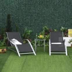 Outsunny 3 Piece Sun Lounger Set With Table - Black - 84B-570SR