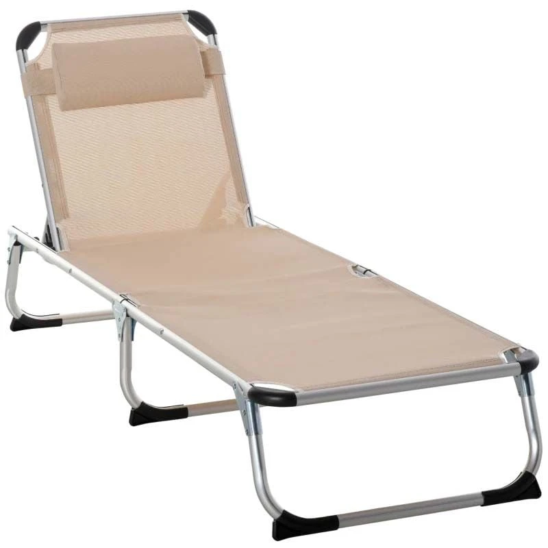 Outsunny Reclining Sun Lounger With Pillow - Khaki - 84B-592V70 2 Outsunny Reclining Sun Lounger With Pillow - Khaki - 84B-592V70 - Image 2