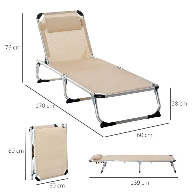 Outsunny Reclining Sun Lounger With Pillow - Khaki - 84B-592V70 3 Outsunny Reclining Sun Lounger With Pillow - Khaki - 84B-592V70 - Image 3
