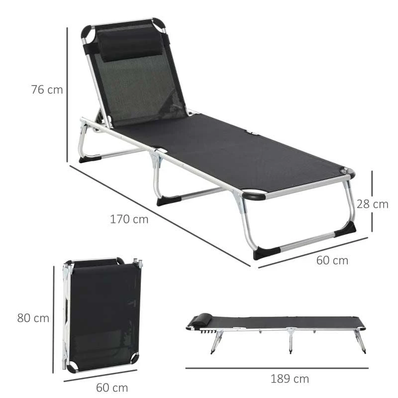 Outsunny Reclining Sun Lounger With Pillow - Black - 84B-592V70BK 3 Outsunny Reclining Sun Lounger With Pillow - Black - 84B-592V70BK - Image 3