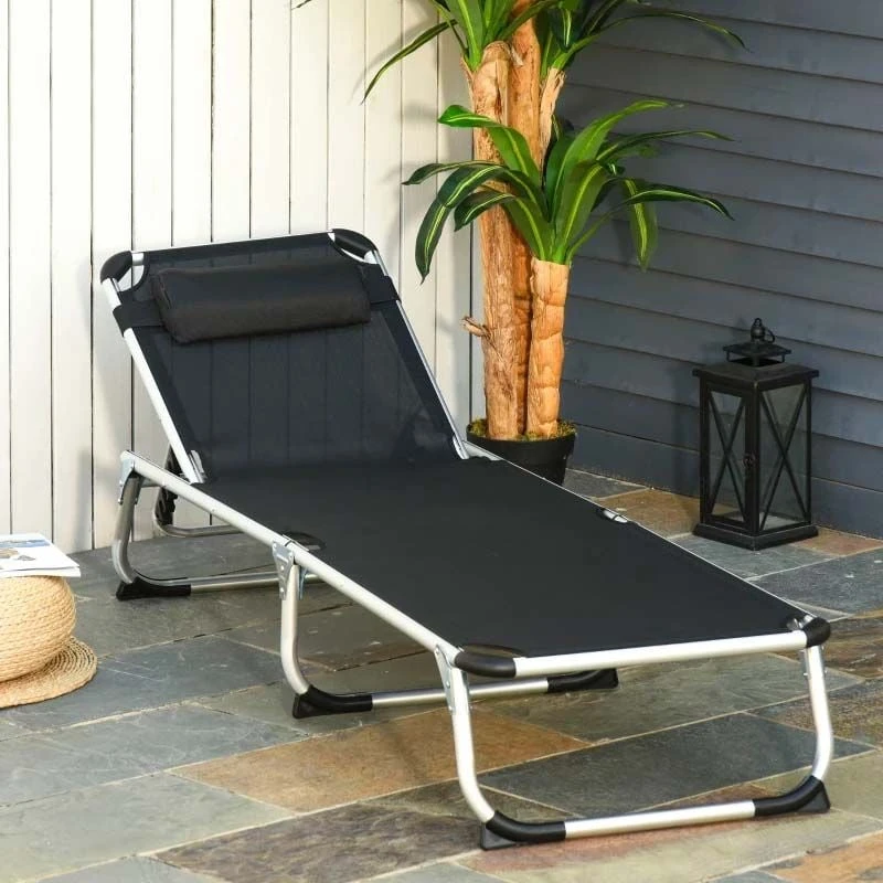 Outsunny Reclining Sun Lounger With Pillow - Black - 84B-592V70BK 1 Outsunny Reclining Sun Lounger With Pillow - Black - 84B-592V70BK
